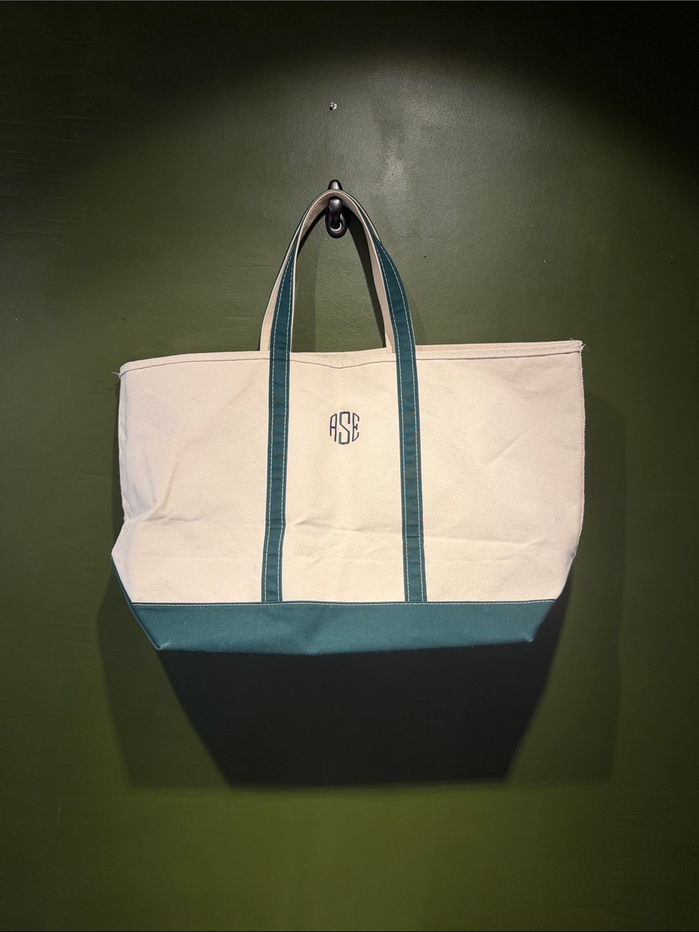 Vintage LL Bean Large Boat and Tote Canvas Tote Bag with Hunter Green Trim